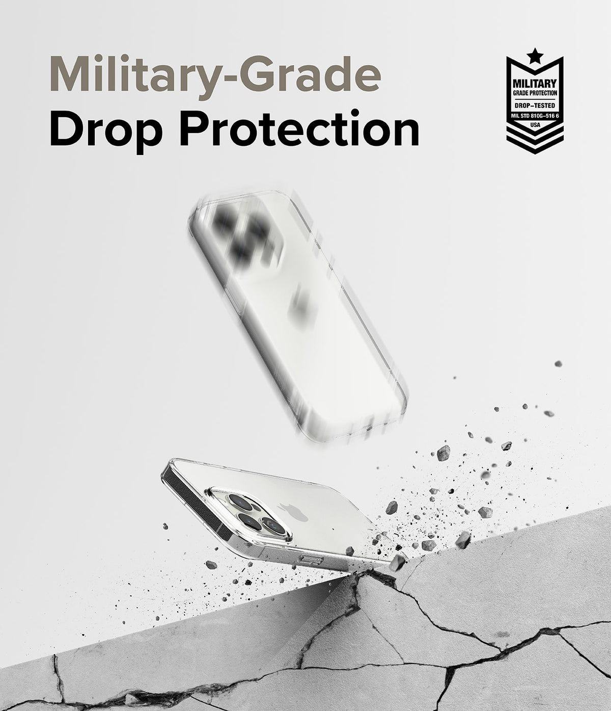 iPhone 15 Pro Case | Air - Clear phone case bouncing off a cracked concrete surface with military-grade protection badge.