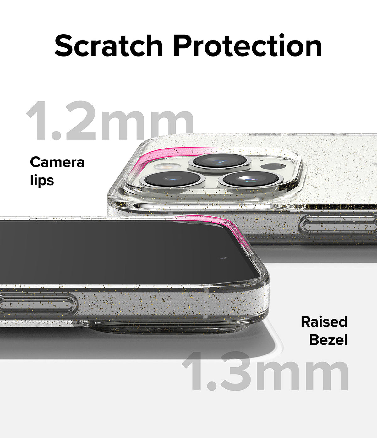 iPhone 15 Pro Case | Air - Clear glitter case showing 1.2mm camera lips and 1.3mm raised screen bezel for scratch protection.
