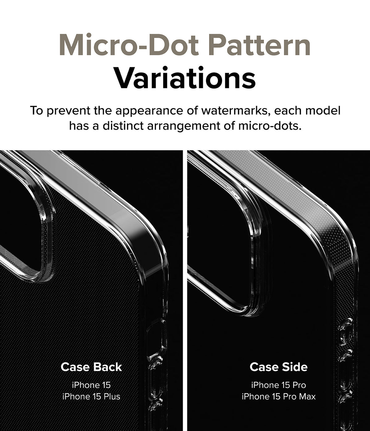 iPhone 15 Pro Case | Air - Comparison of micro-dot patterns on the back and side of clear phone cases to prevent watermarks.