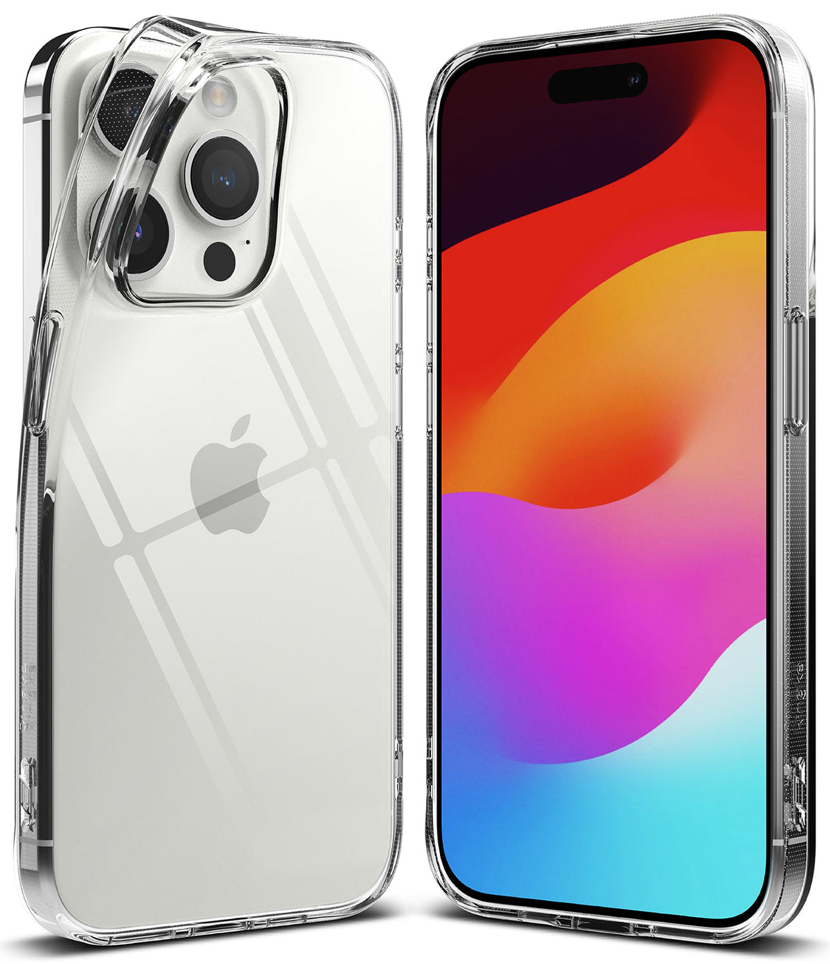 iPhone 15 Pro Case | Air - Clear protective case shown from back and front angles on an iPhone 15 Pro with colorful screen.