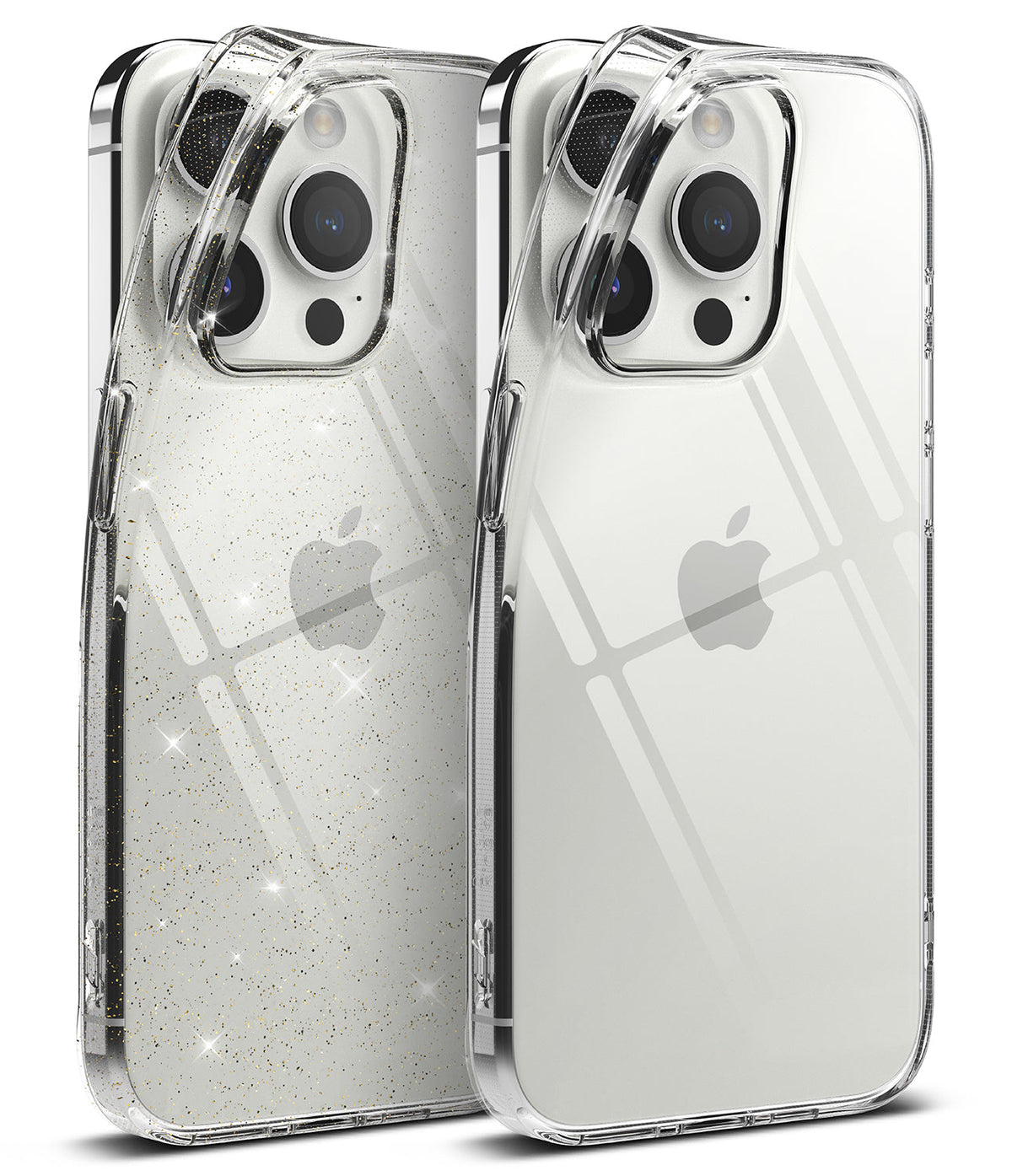 iPhone 15 Pro Max Case | Air - Two clear iPhone 15 Pro Max cases, one with gold glitter and one plain, shown from the back.