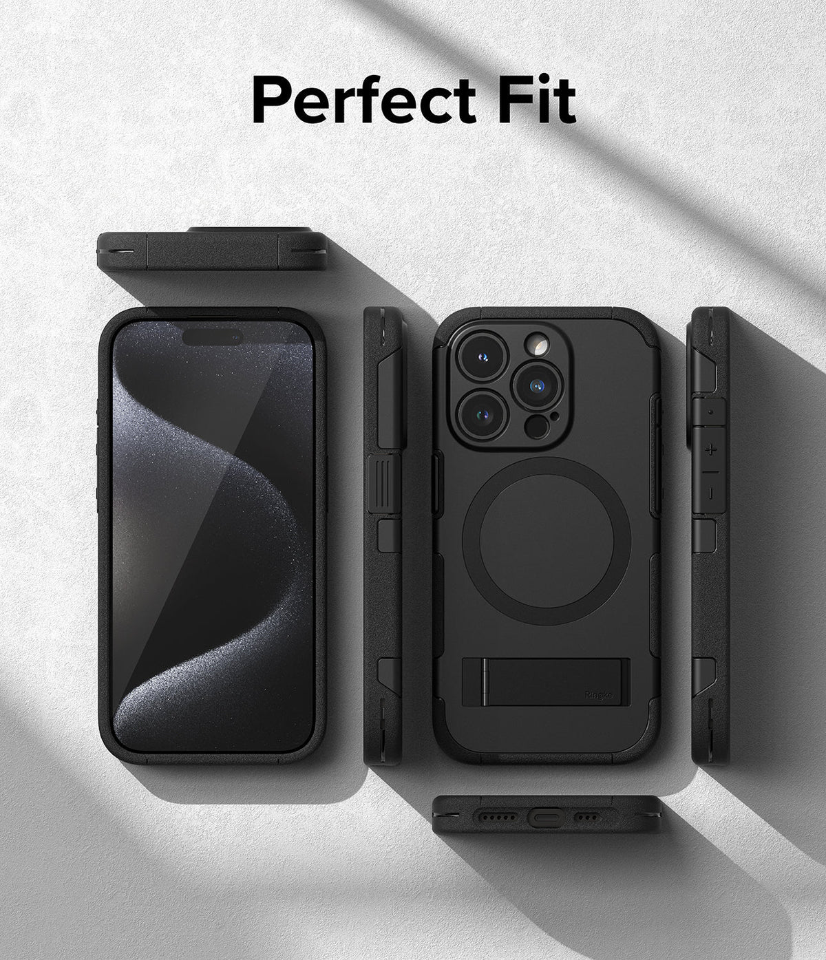 iPhone 15 Pro Case | Alles - Black protective phone case shown from multiple angles with a built-in kickstand and MagSafe ring.
