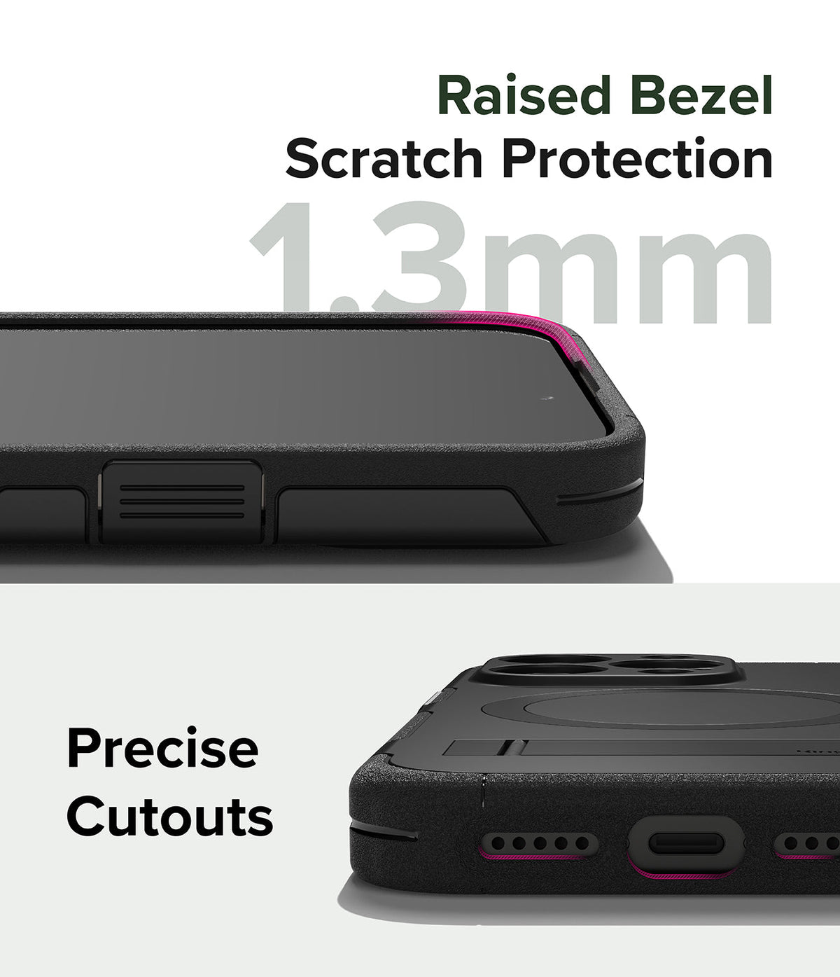 iPhone 15 Pro Case | Alles - Close-up of phone case showing 1.3mm raised bezel for screen protection and precise port cutouts.