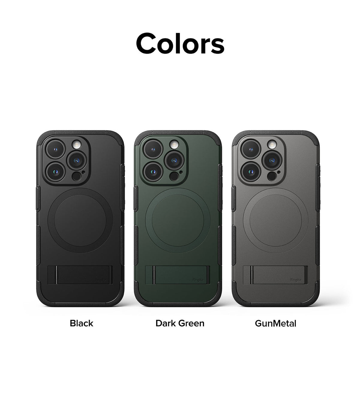 iPhone 15 Pro Case | Alles - Three iPhone 15 Pro cases in black, dark green, and gunmetal, each with a kickstand and MagSafe ring.