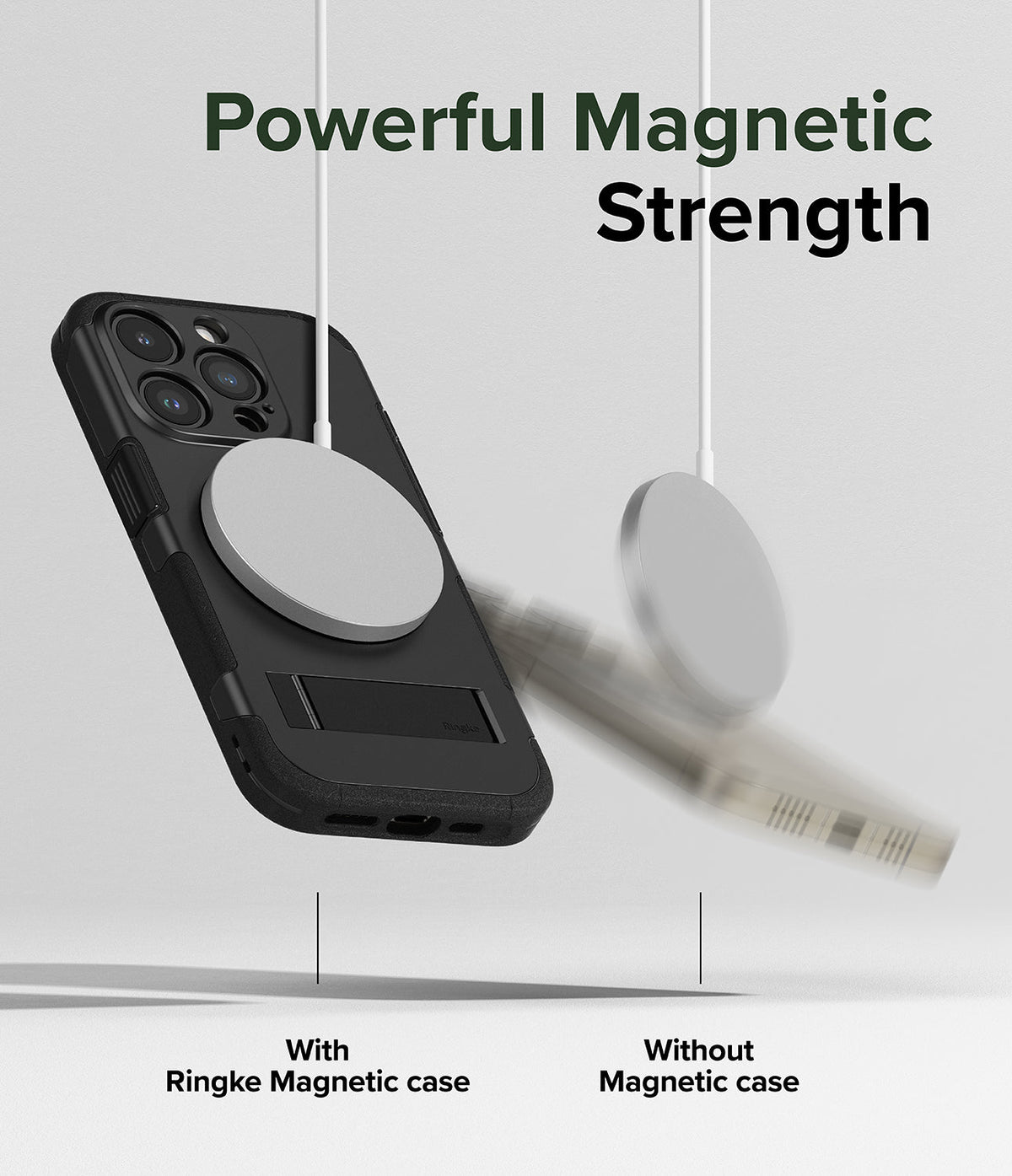 iPhone 15 Pro Case | Alles - A magnetic charger securely attached to an iPhone 15 Pro case versus falling off a phone without one.