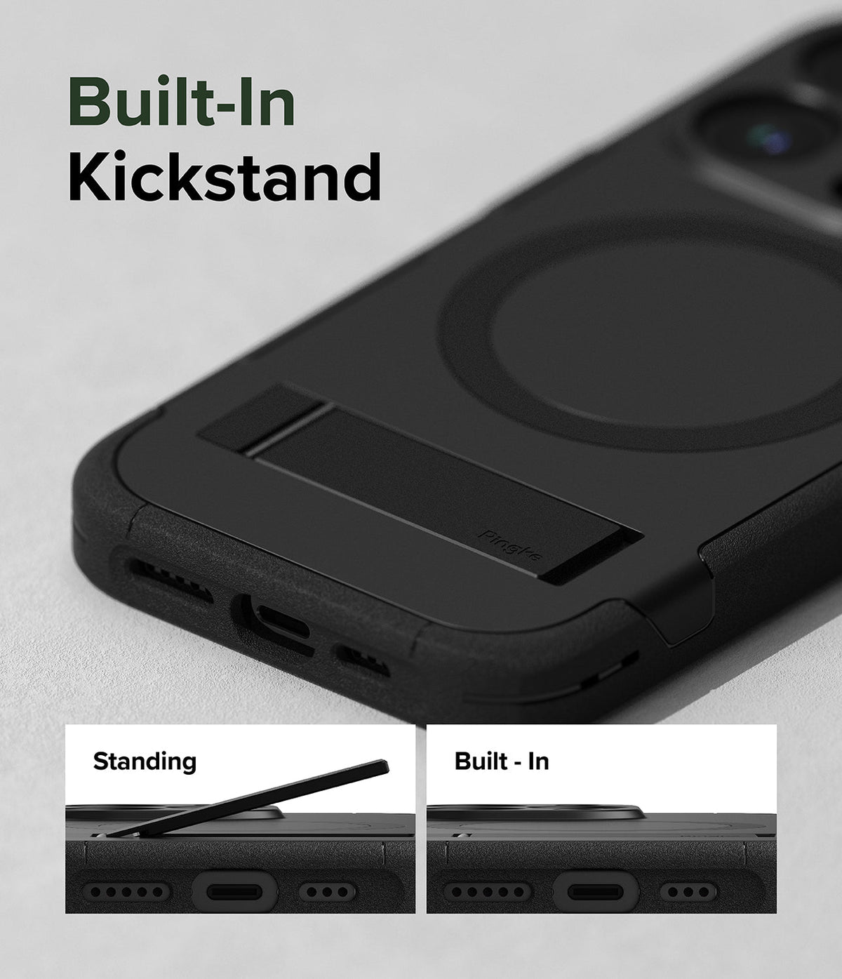 iPhone 15 Pro Case | Alles - Black phone case with a built-in kickstand, showing extended and retracted positions.