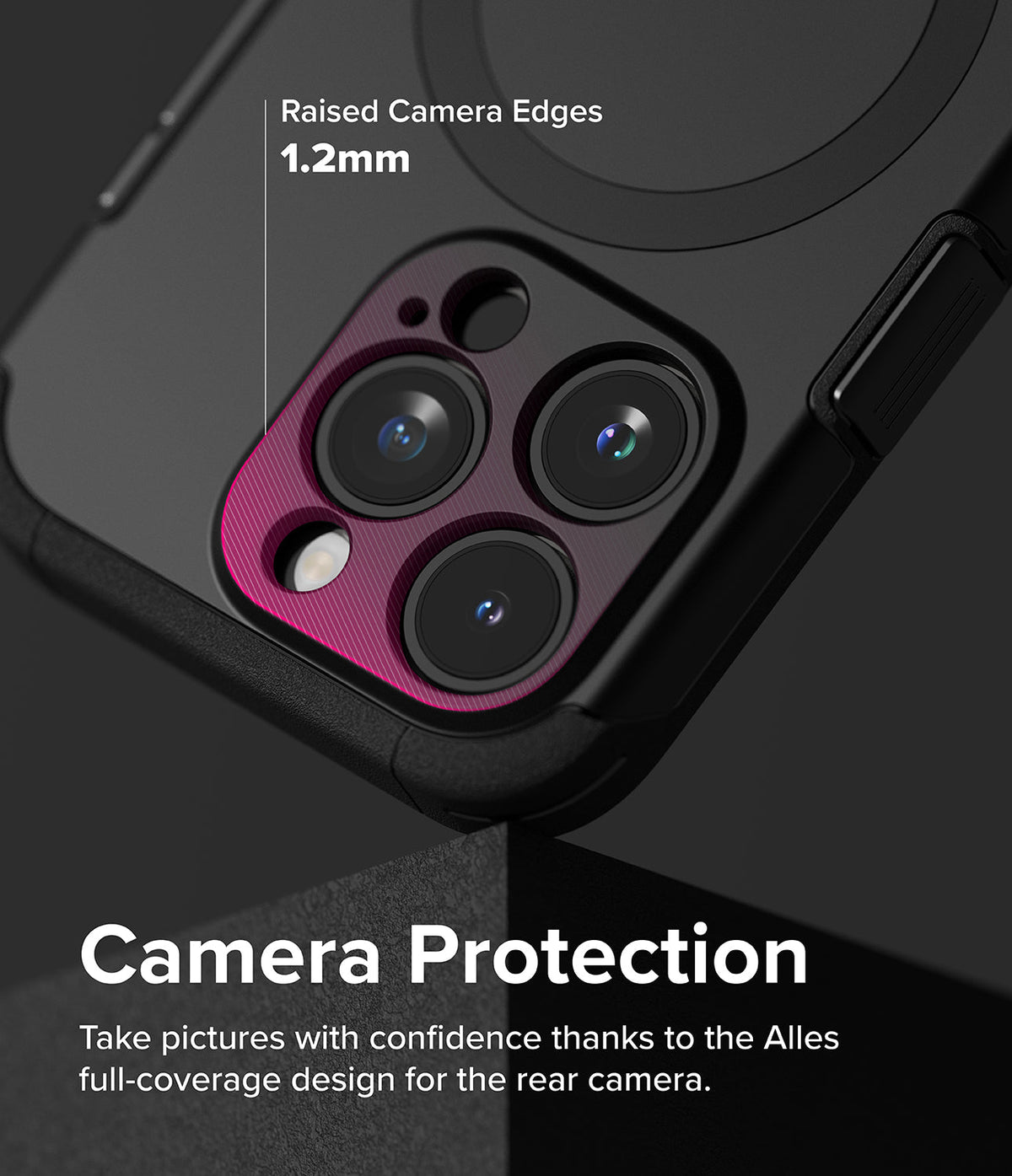 iPhone 15 Pro Case | Alles - Black phone case with a 1.2mm raised magenta camera bezel for lens protection.