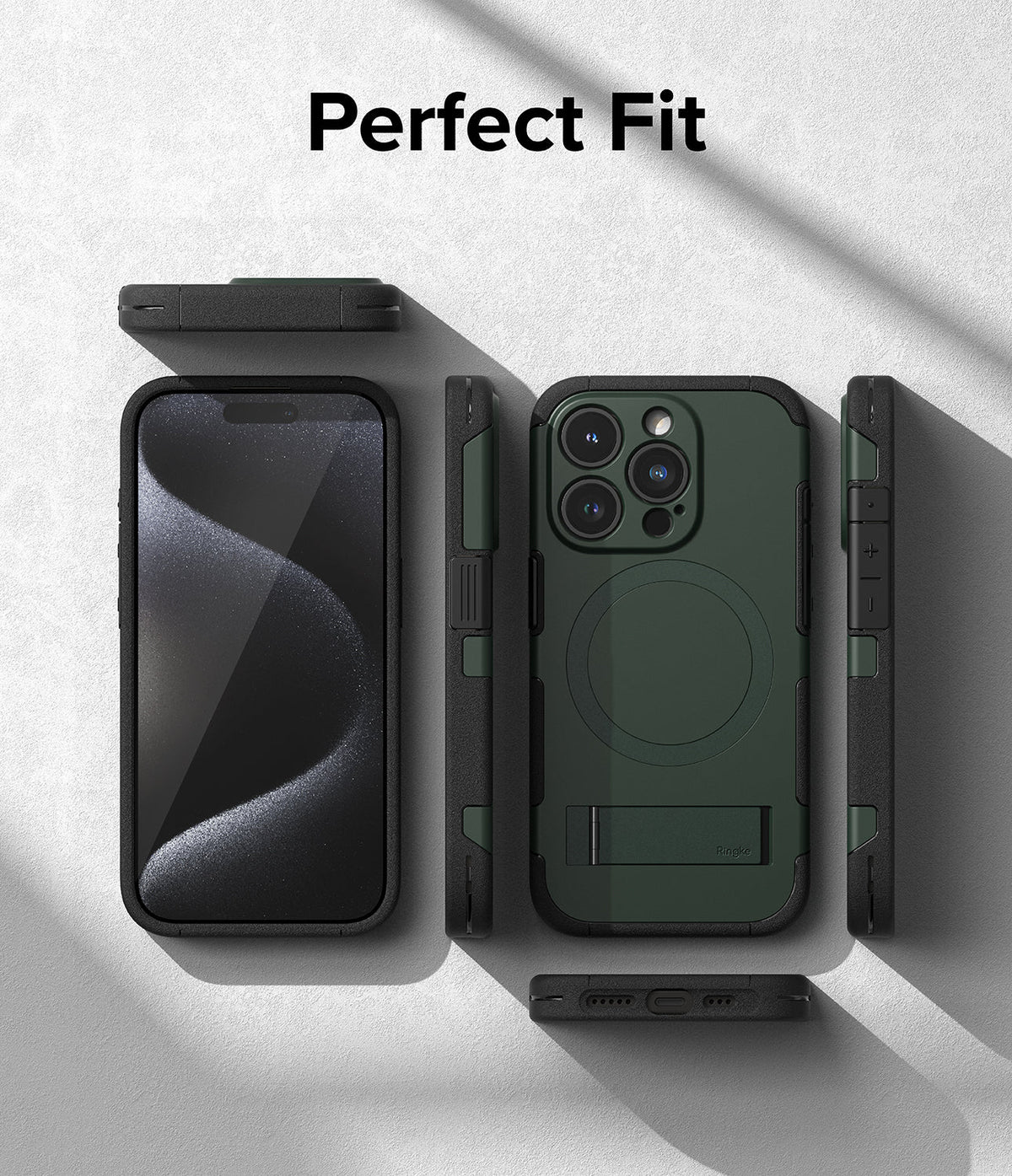 iPhone 15 Pro Case | Alles - Dark green protective phone case with kickstand shown from multiple angles on a gray surface.