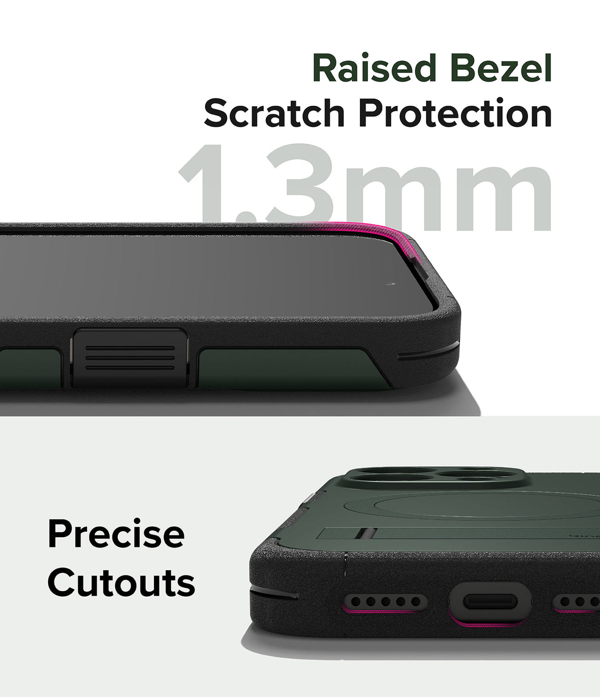 iPhone 15 Pro Case | Alles - Close-up of a green phone case showing a 1.3mm raised bezel and precise port cutouts.