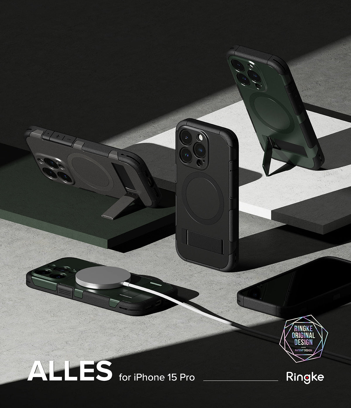 iPhone 15 Pro Case | Alles - Multiple dark green and black protective phone cases with built-in kickstands and MagSafe.