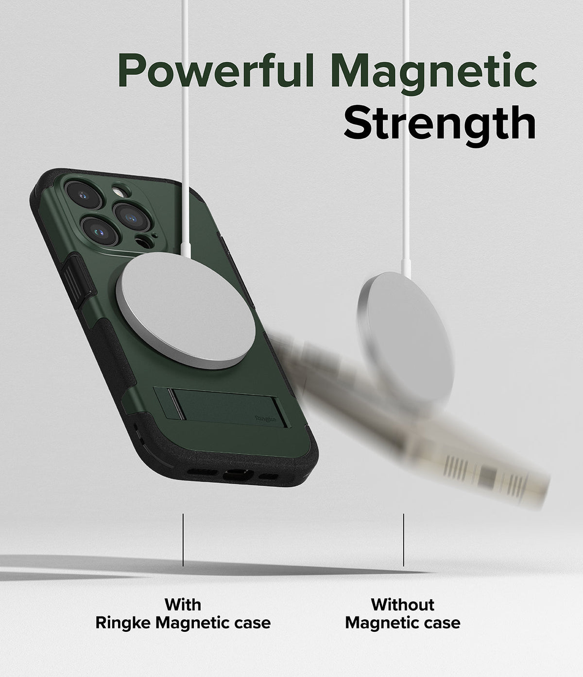 iPhone 15 Pro Case | Alles - A green magnetic phone case attached to a charger while a phone without a case falls away.