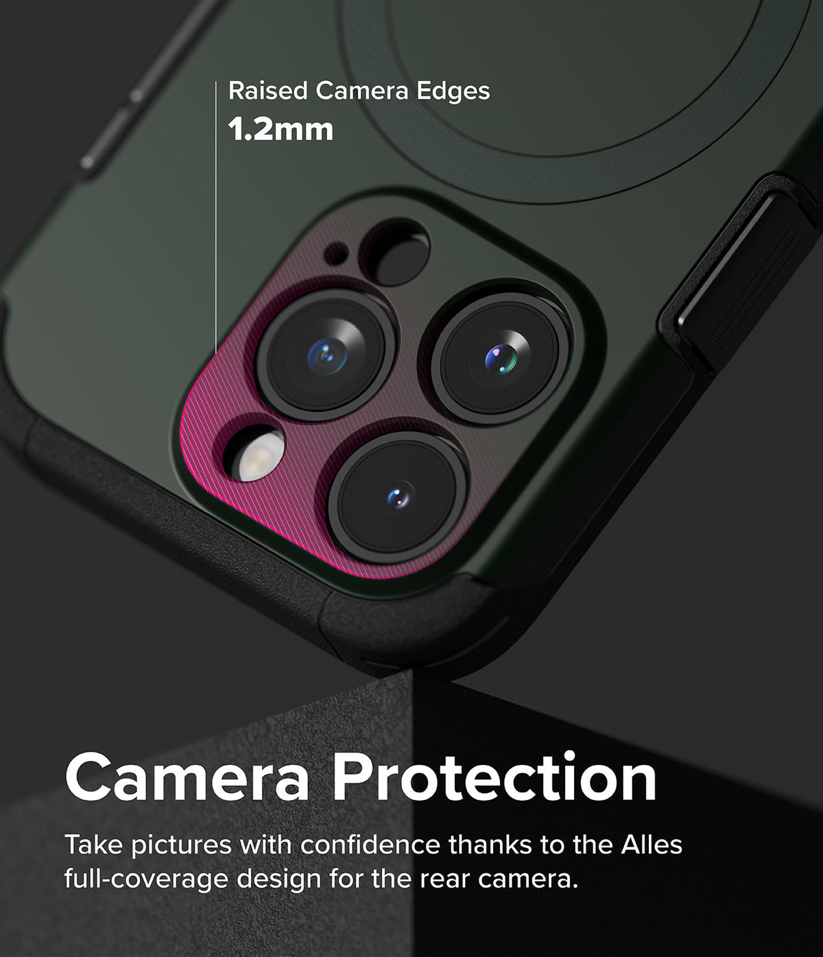 iPhone 15 Pro Case | Alles - Dark green phone case with a 1.2mm raised magenta camera bezel for lens protection.