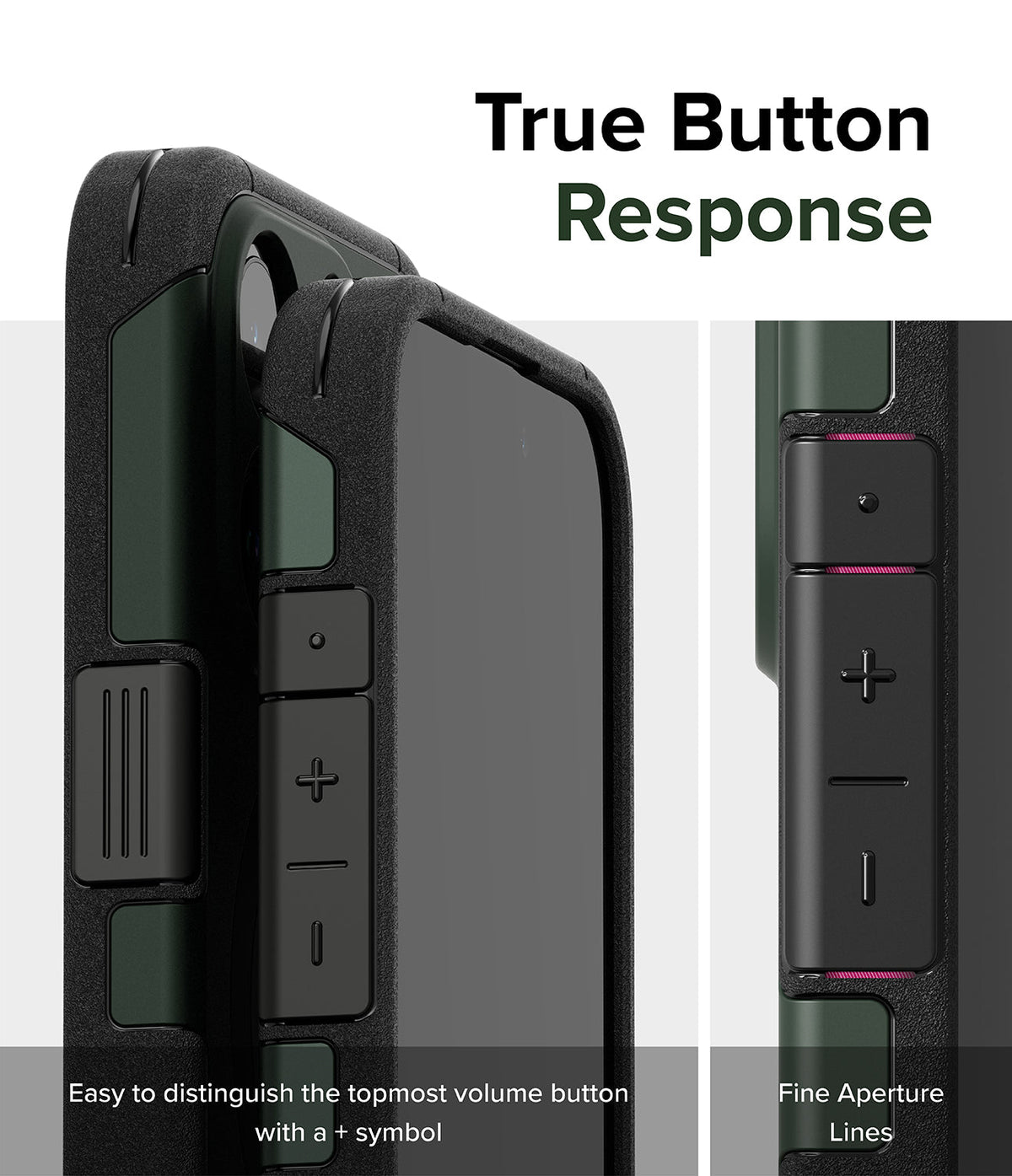 iPhone 15 Pro Case | Alles - Close-up of phone case buttons with plus and minus symbols and fine aperture lines.