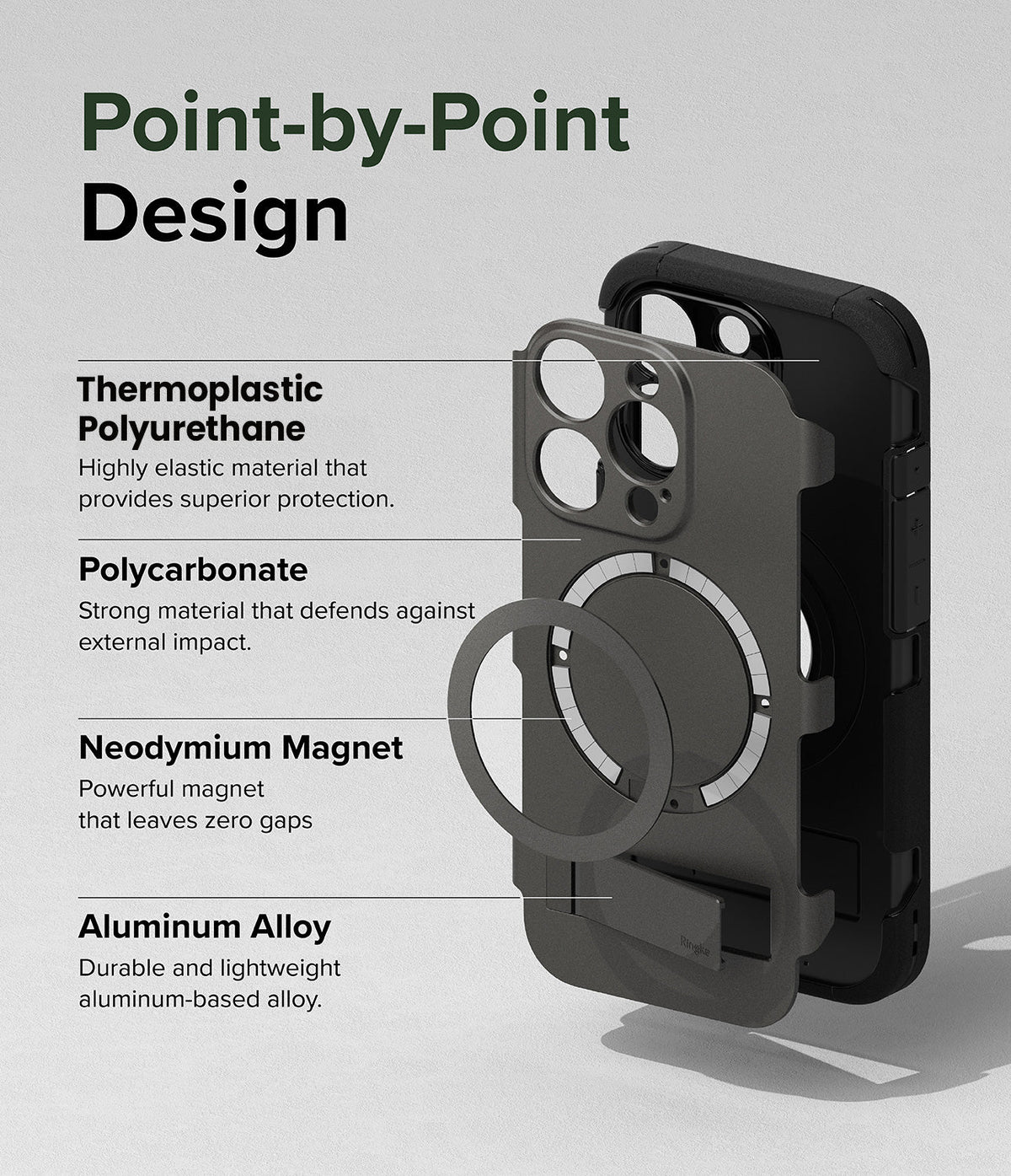 iPhone 15 Pro Case | Alles - Exploded view of a phone case showing TPU, polycarbonate, magnet, and aluminum alloy layers.