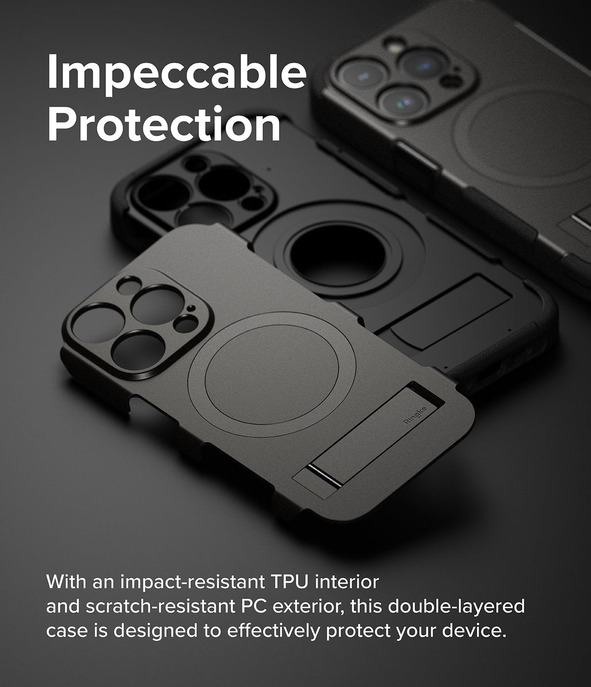 iPhone 15 Pro Case | Alles - Two black protective phone cases with MagSafe rings and kickstands stacked on a dark surface.