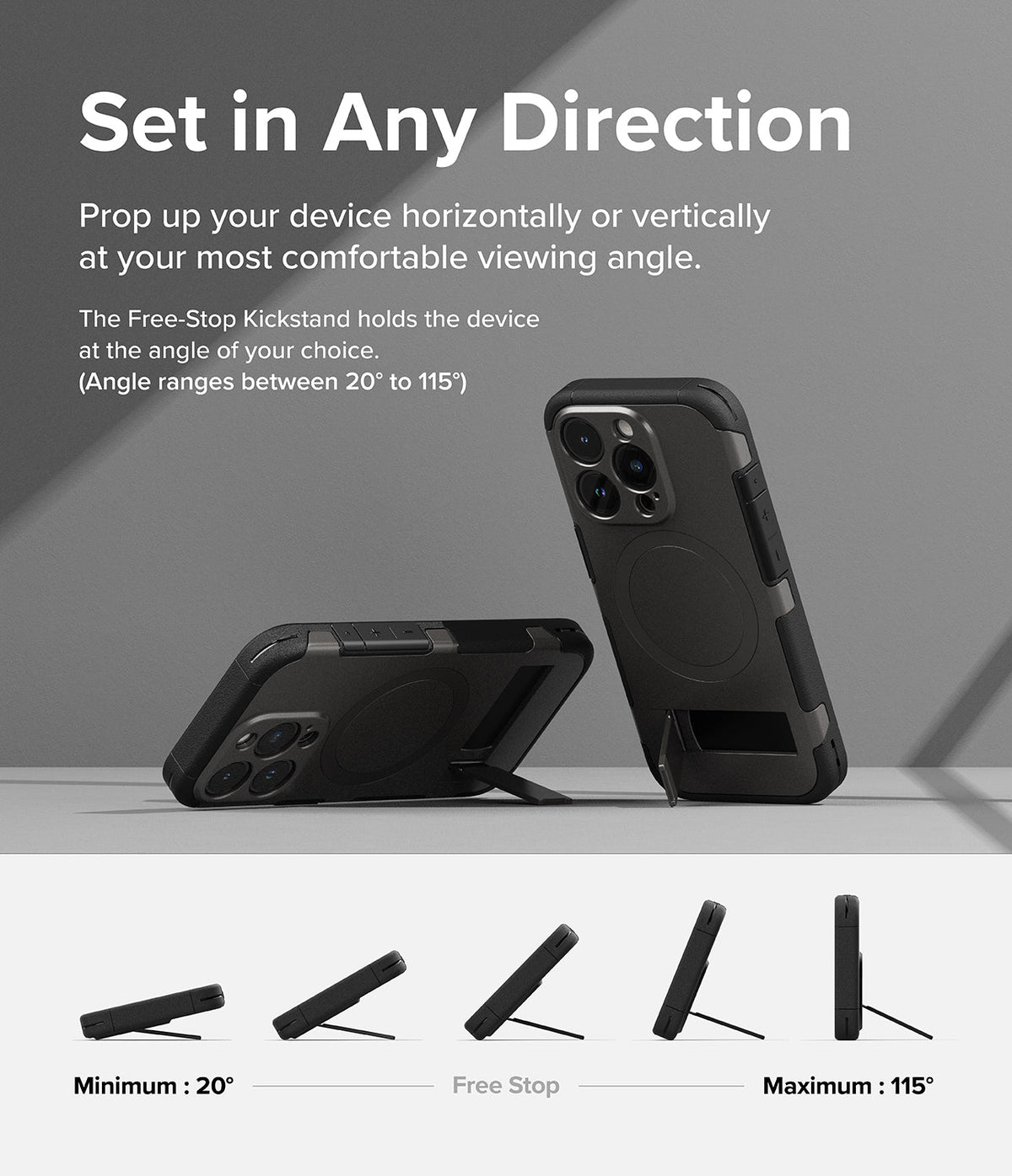 iPhone 15 Pro Case | Alles - Black phone case with adjustable kickstand shown in horizontal and vertical positions.
