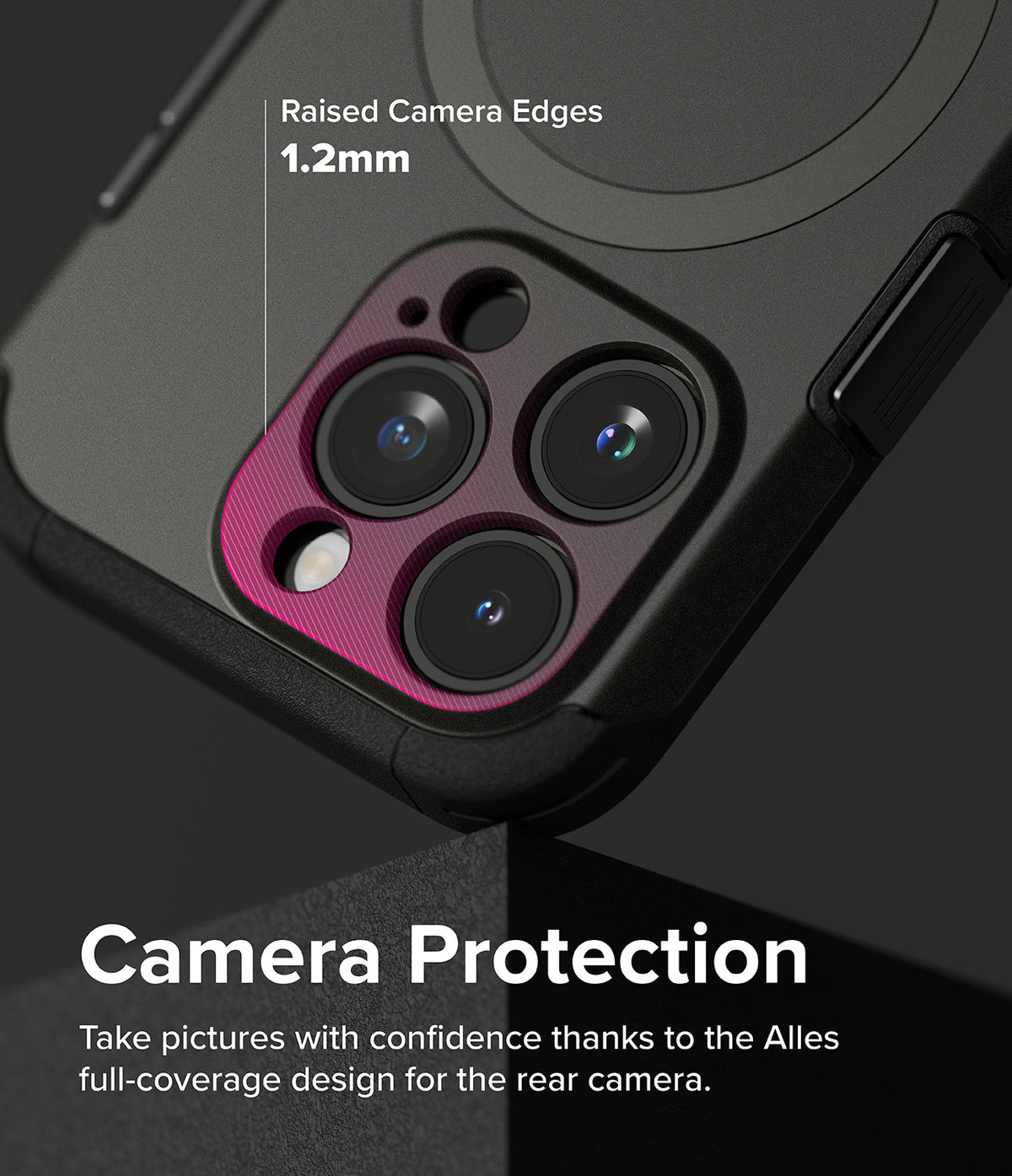 iPhone 15 Pro Case | Alles - Close-up of a black phone case showing a 1.2mm raised magenta border protecting the camera lenses.