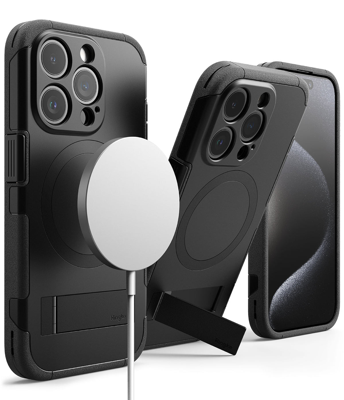 iPhone 15 Pro Case | Alles - Three black rugged phone cases with MagSafe charging, kickstands, and camera protection.