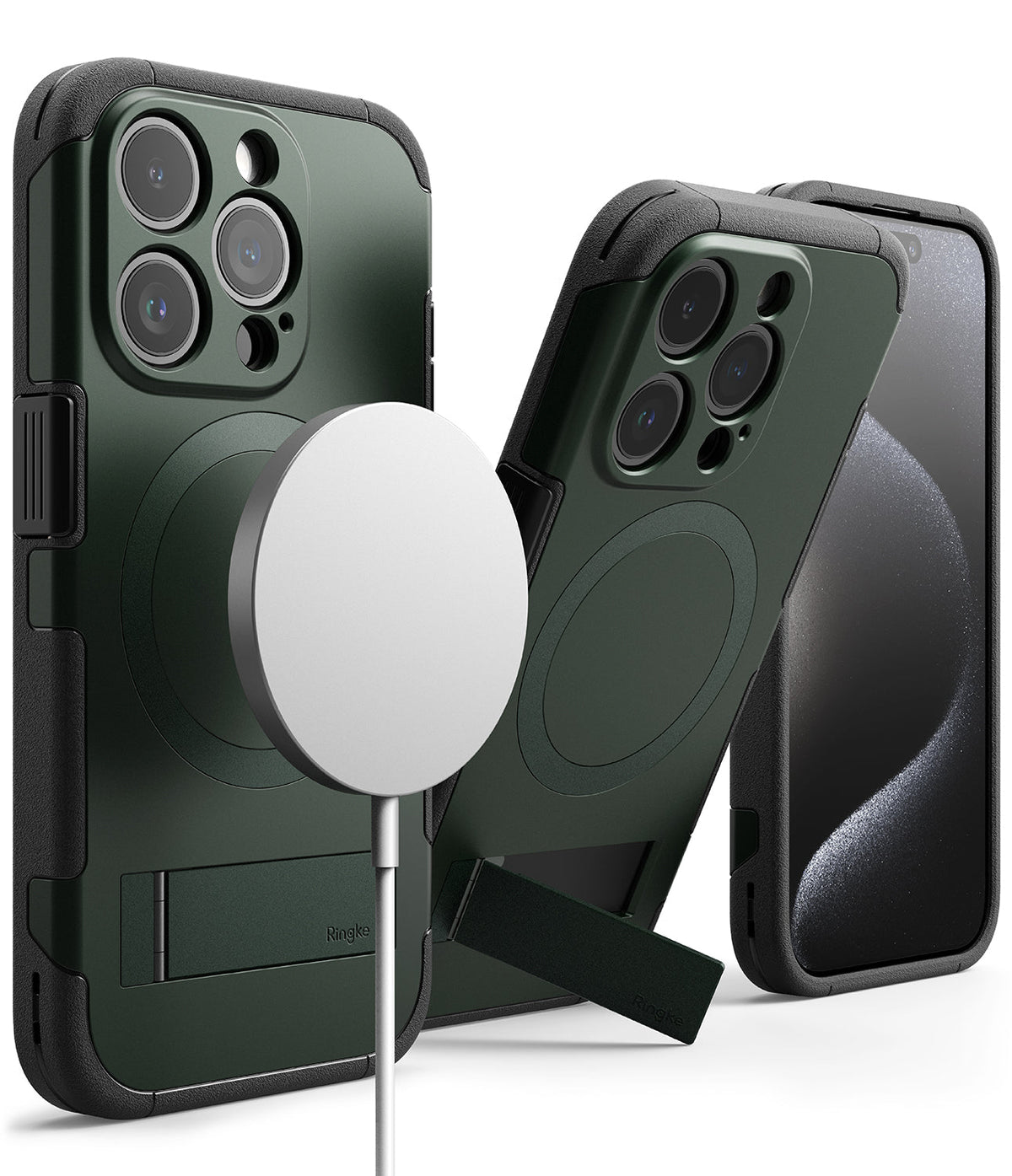 iPhone 15 Pro Case | Alles - Dark green protective phone cases with MagSafe charging and integrated kickstands.