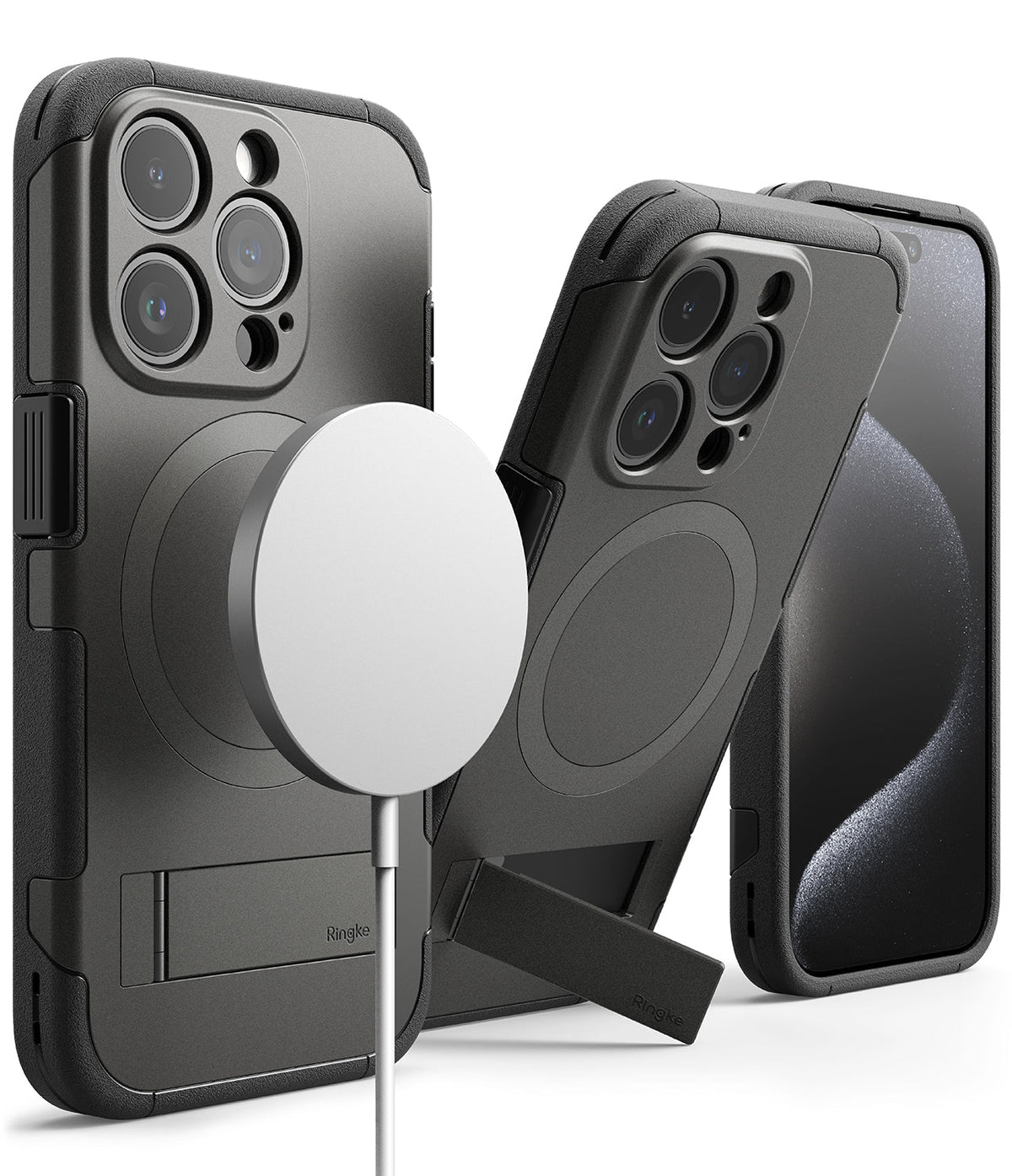iPhone 15 Pro Case | Alles - Black rugged phone cases with MagSafe charging, integrated kickstands, and front screen view.