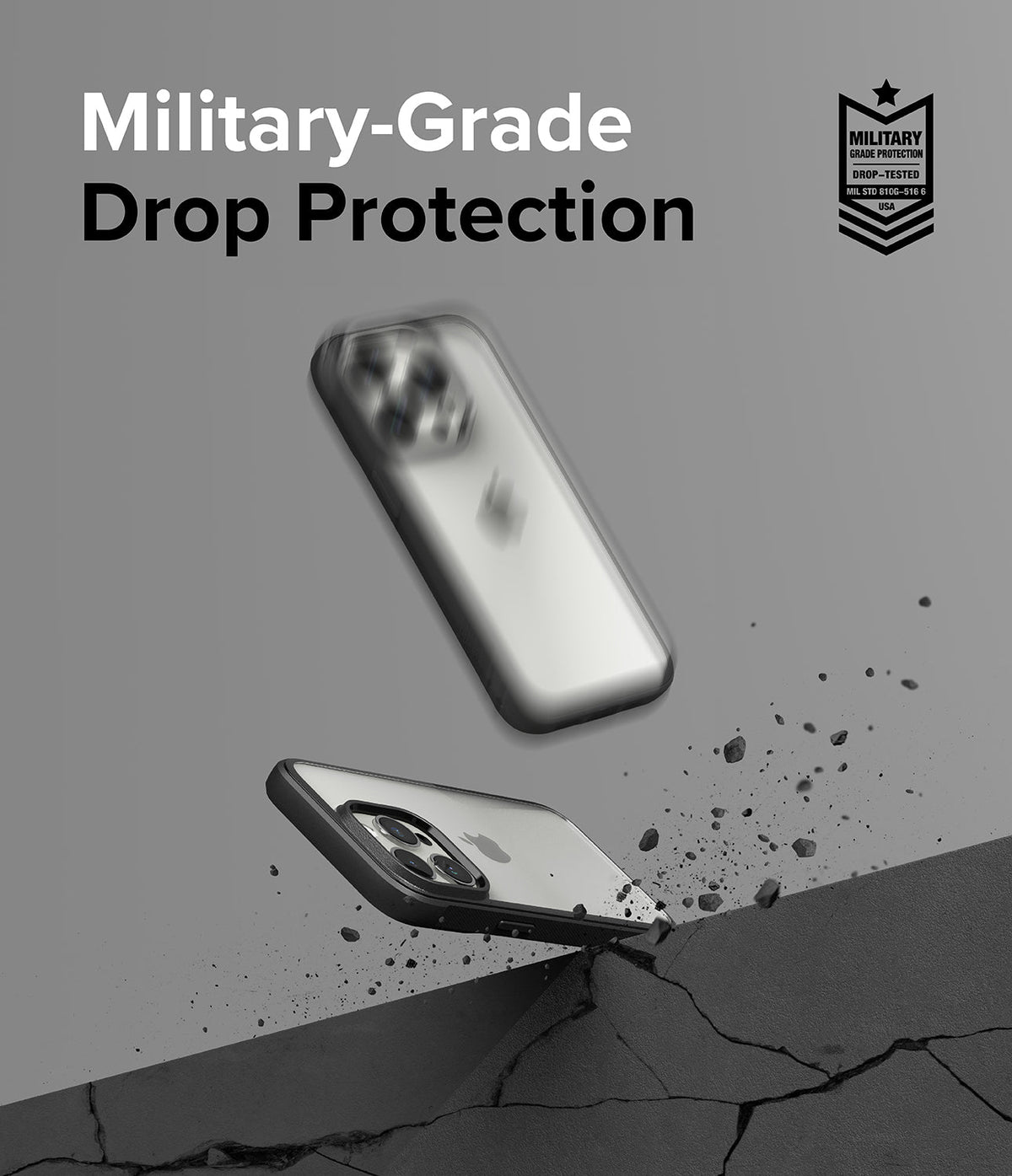 iPhone 15 Pro Case | Fusion Bold - Two phones in protective cases falling toward a cracked surface with military-grade text.