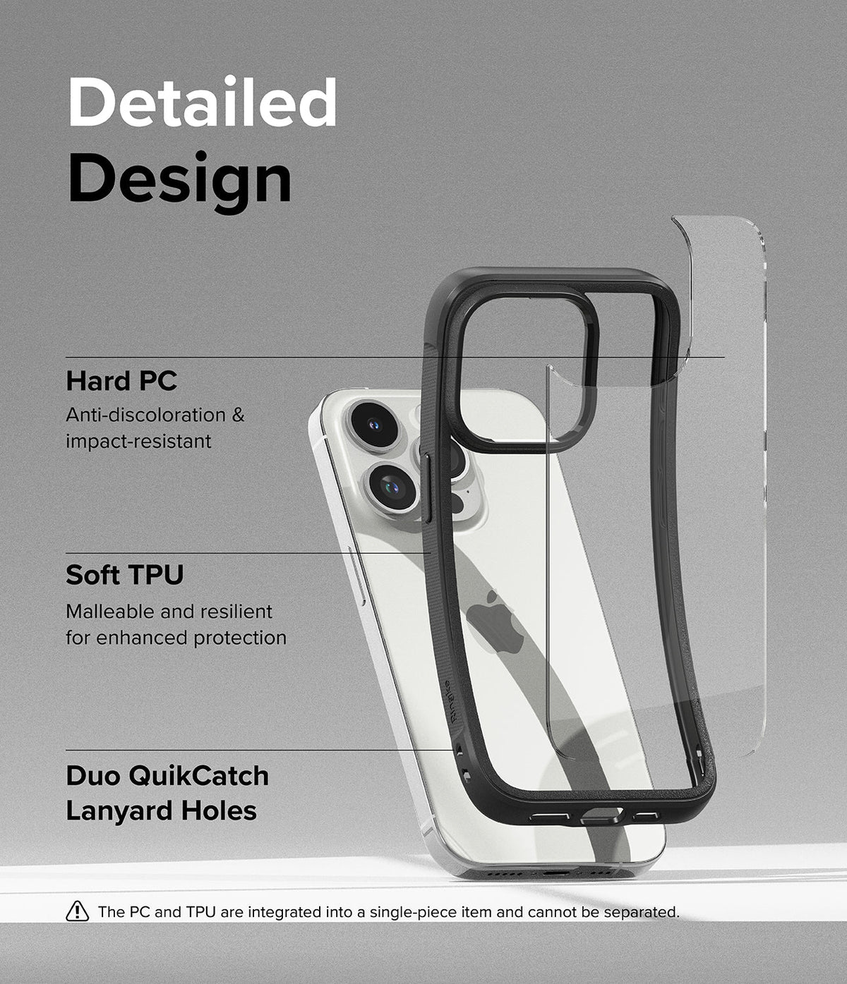 iPhone 15 Pro Case | Fusion Bold - Exploded view of a black and clear phone case showing hard PC and soft TPU layers.