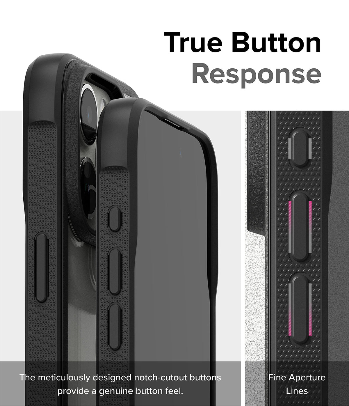 iPhone 15 Pro Case | Fusion Bold - Close-up of black phone case buttons with textured sides and precise cutouts for tactile response.