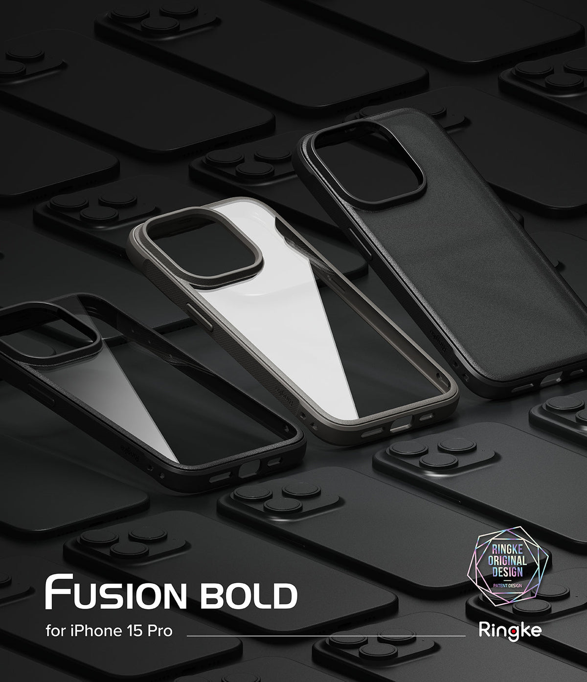 iPhone 15 Pro Case | Fusion Bold - Two Fusion Bold phone cases with clear backs and black frames arranged on a dark grid.