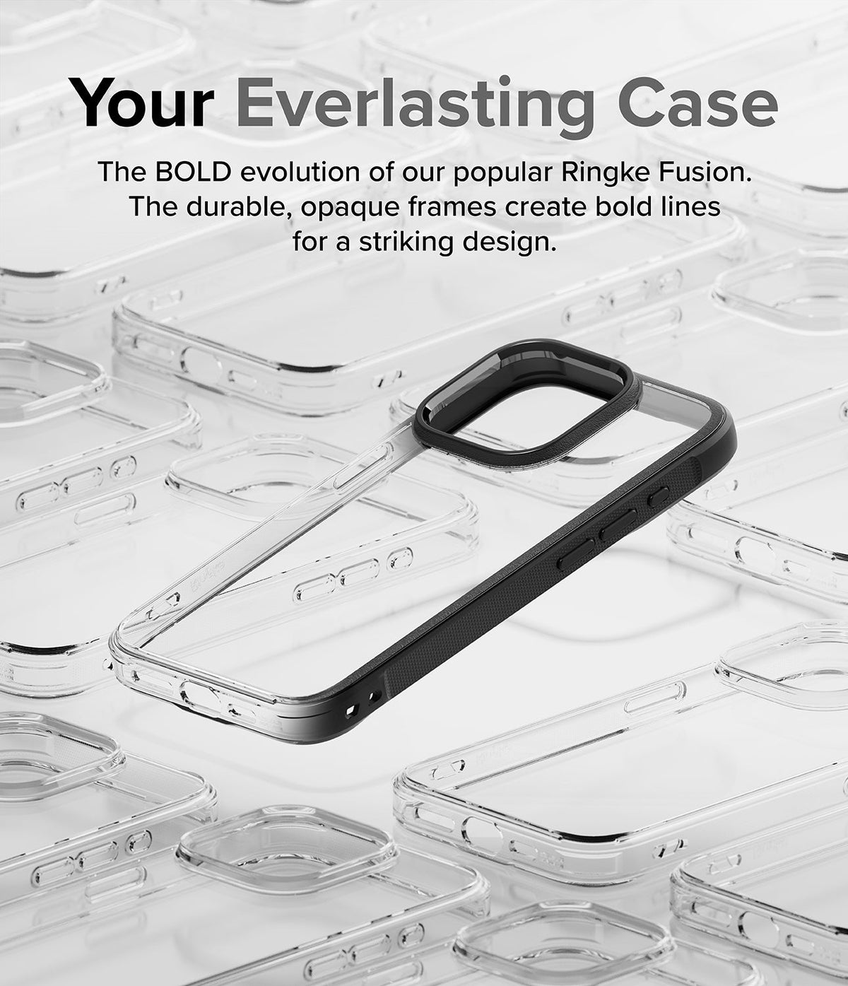 iPhone 15 Pro Case | Fusion Bold - A black-framed clear phone case resting atop a grid of identical transparent cases.