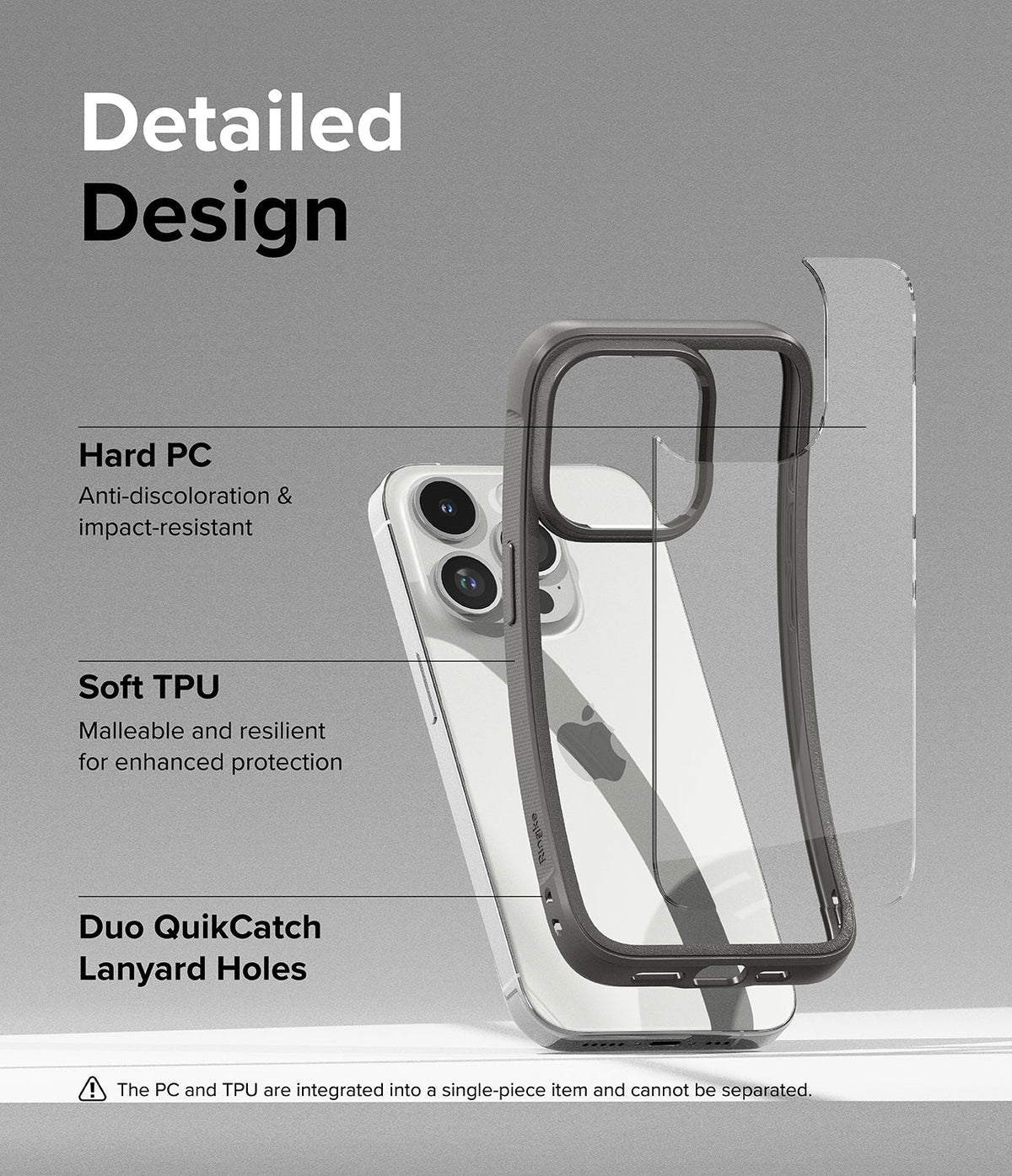 iPhone 15 Pro Case | Fusion Bold - Exploded view of a hybrid phone case showing hard PC and soft TPU layers on an iPhone.