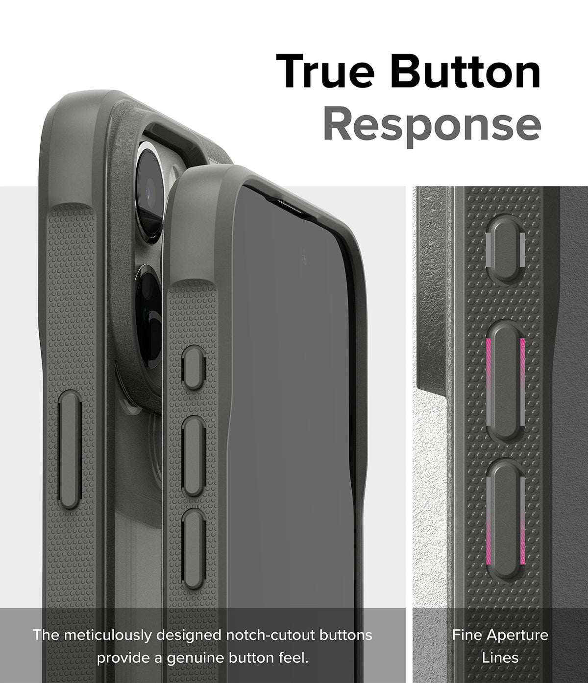 iPhone 15 Pro Case | Fusion Bold - Close-up of gray phone case buttons with textured sides and precise cutouts for tactile response.