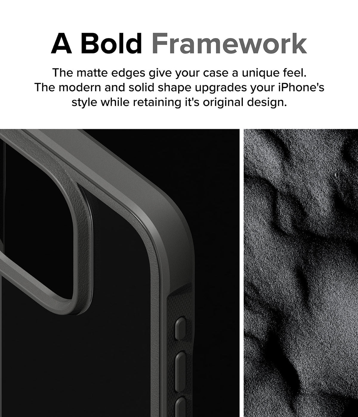 iPhone 15 Pro Case | Fusion Bold - Close-up of a matte black phone case edge with textured side buttons next to a grainy sand texture.