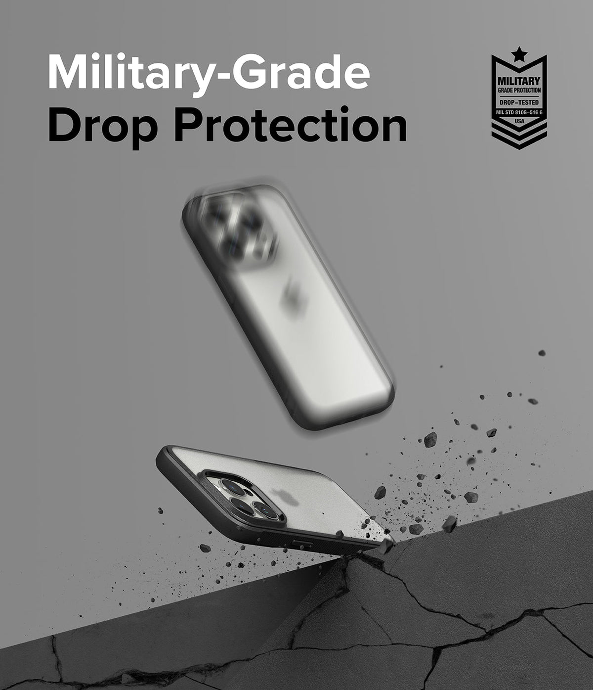 iPhone 15 Pro Case | Fusion Bold - iPhone 15 Pro in a protective case bouncing off a cracked surface with debris.