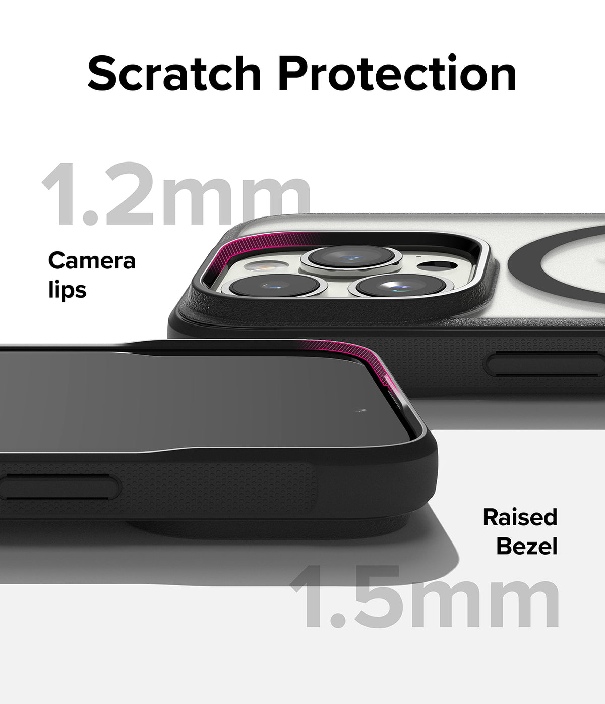 iPhone 15 Pro Case | Fusion Bold Magnetic - Close-up showing 1.2mm camera lips and 1.5mm raised screen bezel for protection.