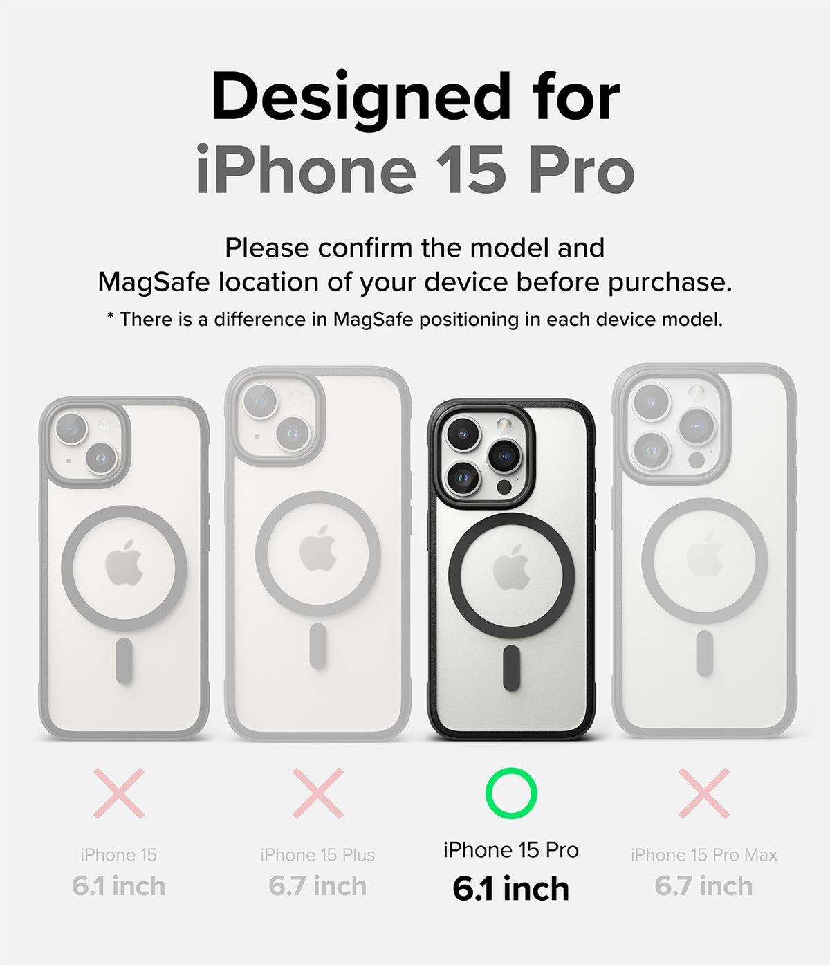 iPhone 15 Pro Case | Fusion Bold Magnetic - Comparison chart highlighting the iPhone 15 Pro model with a green checkmark.