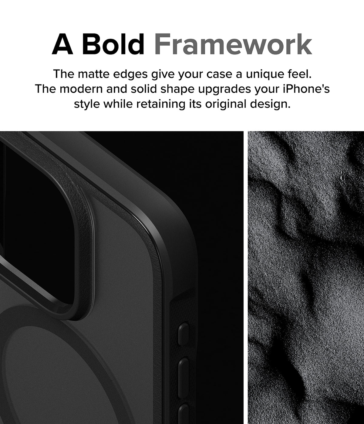 iPhone 15 Pro Case | Fusion Bold Magnetic - Close-up of a matte black phone case edge next to a textured sand background.