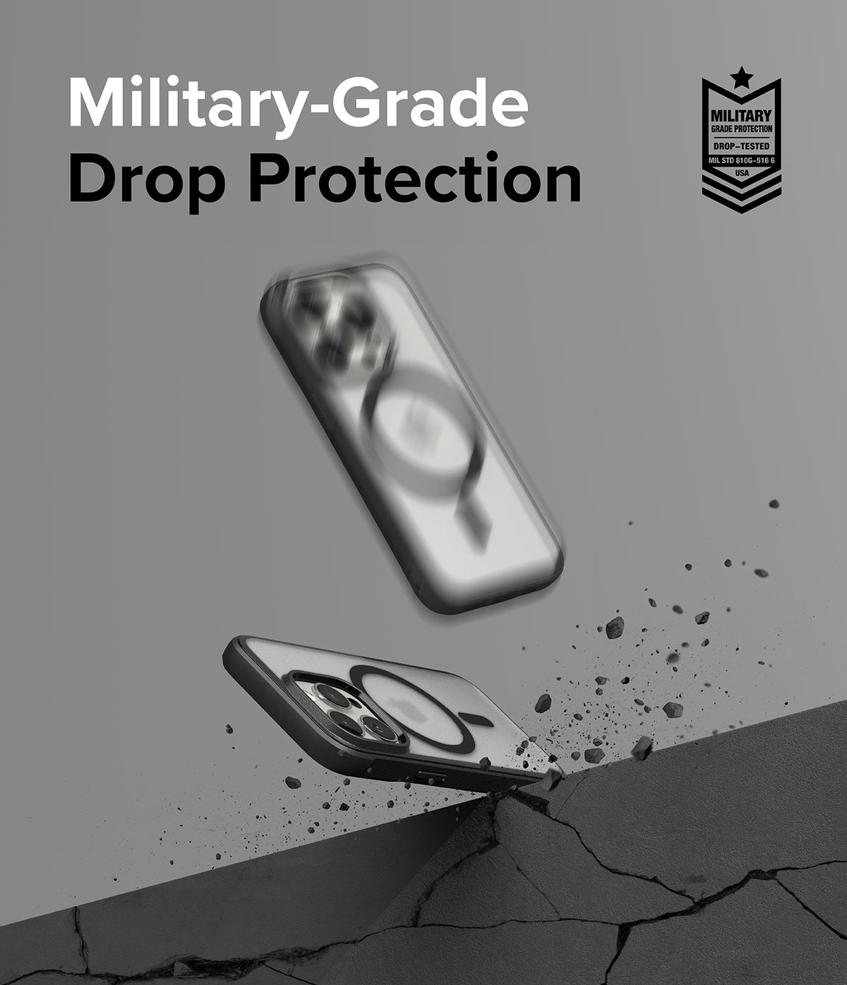 iPhone 15 Pro Case | Fusion Bold Magnetic - Two phone cases falling toward a cracked surface with military-grade text.