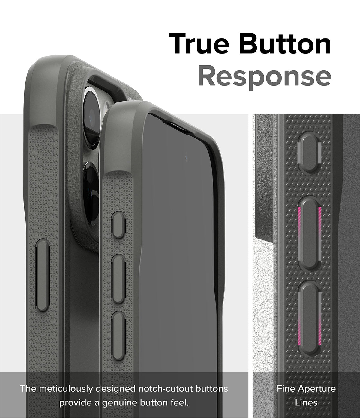 iPhone 15 Pro Case | Fusion Bold - Close-up of textured grey phone case buttons with precise cutouts for tactile response.