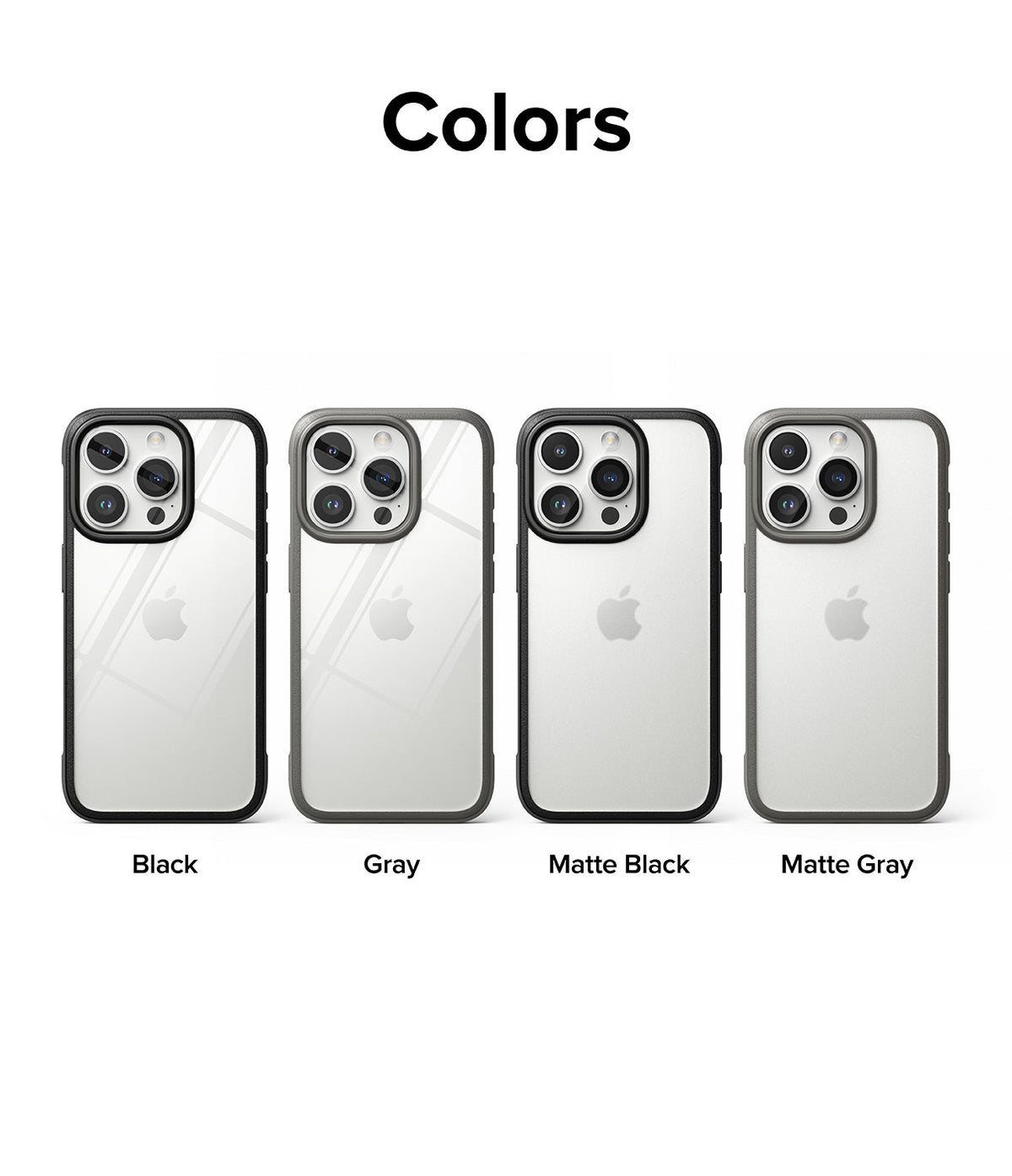 iPhone 15 Pro Case | Fusion Bold - Four iPhone 15 Pro cases in Black, Gray, Matte Black, and Matte Gray arranged in a row.