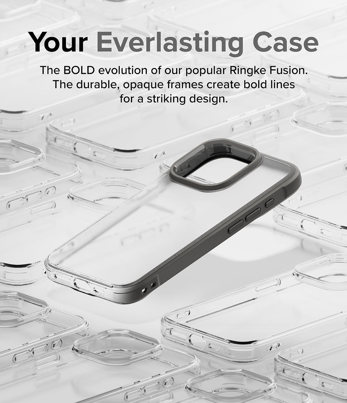 iPhone 15 Pro Case | Fusion Bold - A clear iPhone 15 Pro case with a dark gray frame resting on a grid of identical cases.