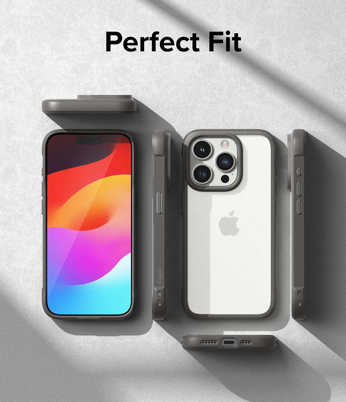iPhone 15 Pro Case | Fusion Bold - Multiple views of a grey phone case showing precise cutouts and a clear back panel.