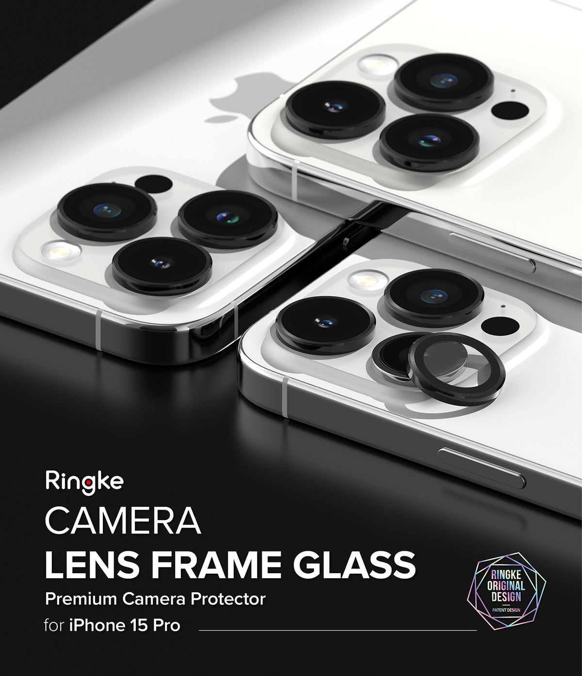 iPhone 15 Pro | Camera Lens Frame Glass - Three silver iPhone 15 Pro phones with black camera lens protectors installed.