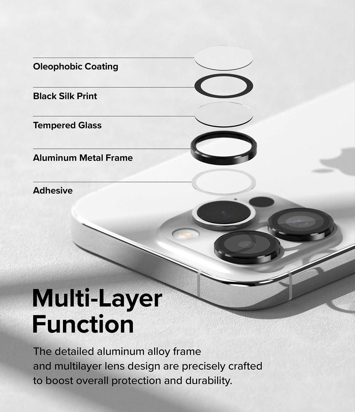 iPhone 15 Pro | Camera Lens Frame Glass - iPhone 15 Pro | Exploded view of camera lens protector layers including glass, metal frame, and adhesive above a phone.
