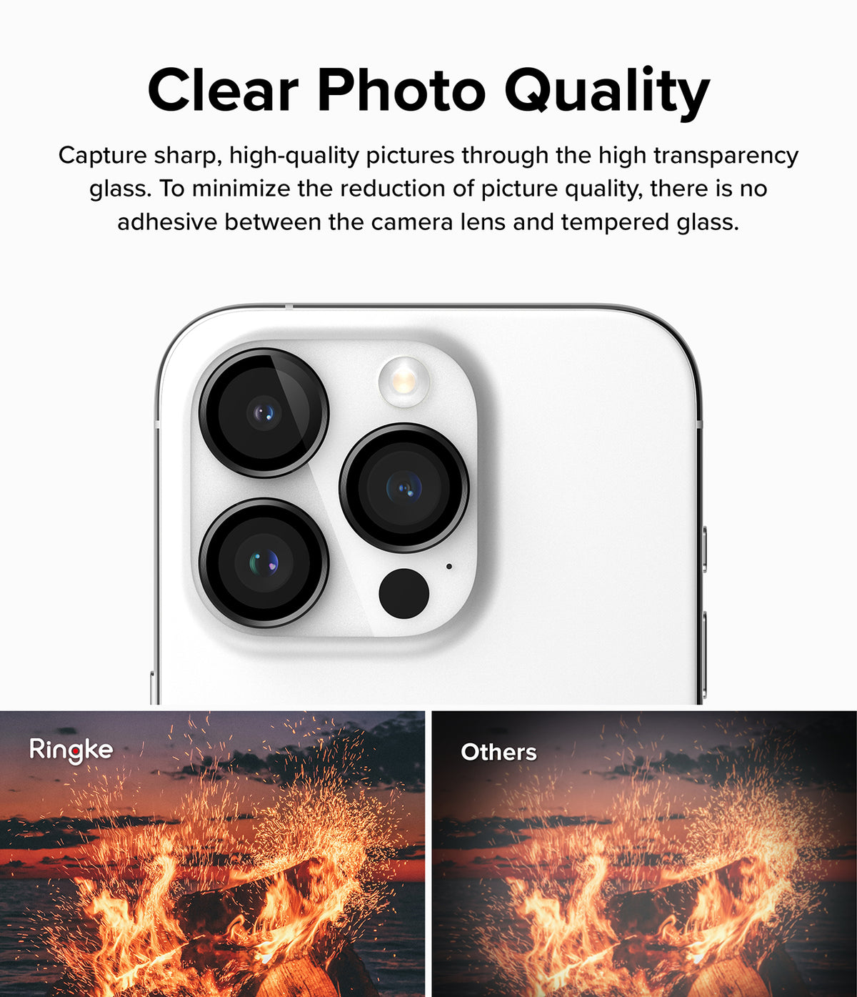 iPhone 15 Pro | Camera Lens Frame Glass - iPhone 15 Pro camera lenses with a comparison of clear vs. hazy fire photos.
