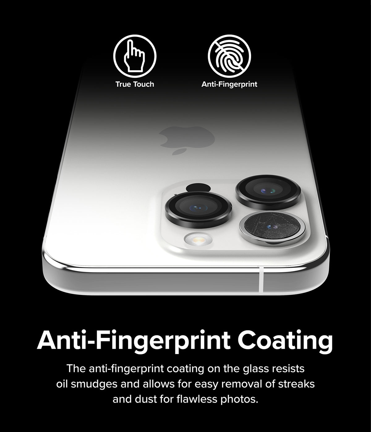 iPhone 15 Pro | Camera Lens Frame Glass - iPhone 15 Pro | Camera lens glass protectors on a phone back with True Touch and Anti-Fingerprint icons.