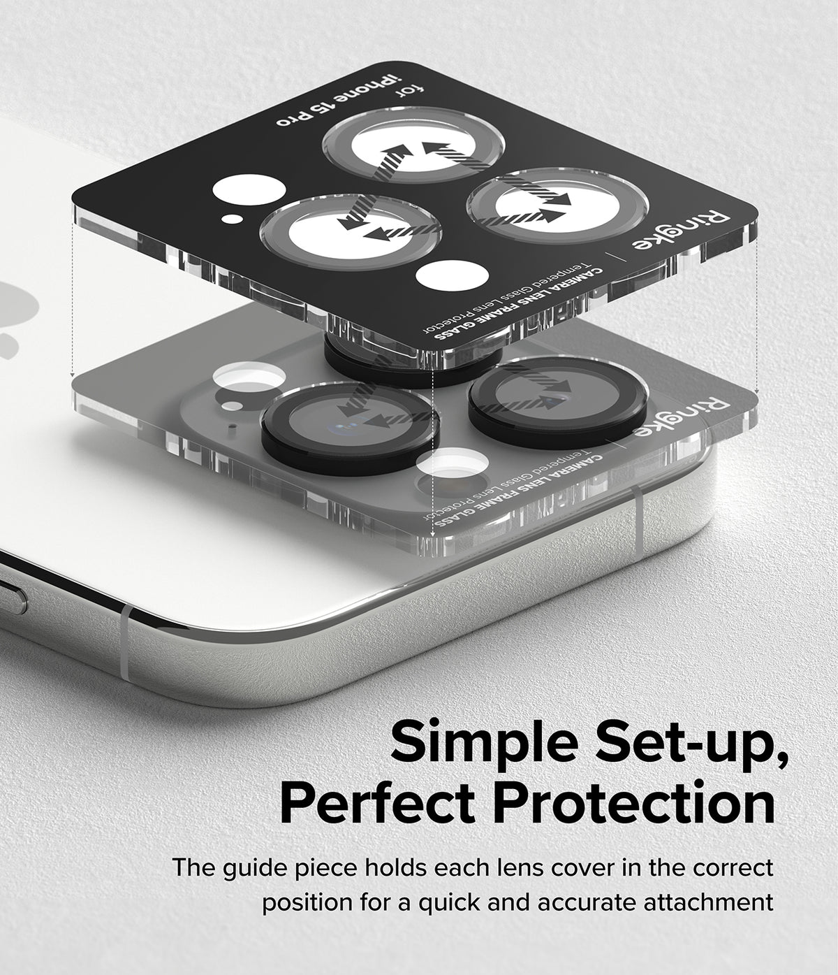 iPhone 15 Pro | Camera Lens Frame Glass - Installation guide aligning lens protectors onto an iPhone camera module.