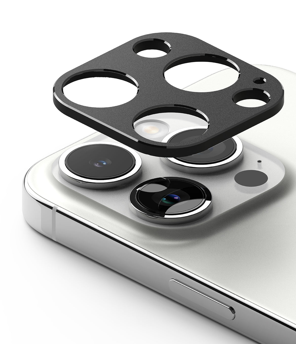 iPhone 15 Pro Max / 15 Pro | Camera Styling - Black protective lens cover hovering above the iPhone 15 Pro camera array.