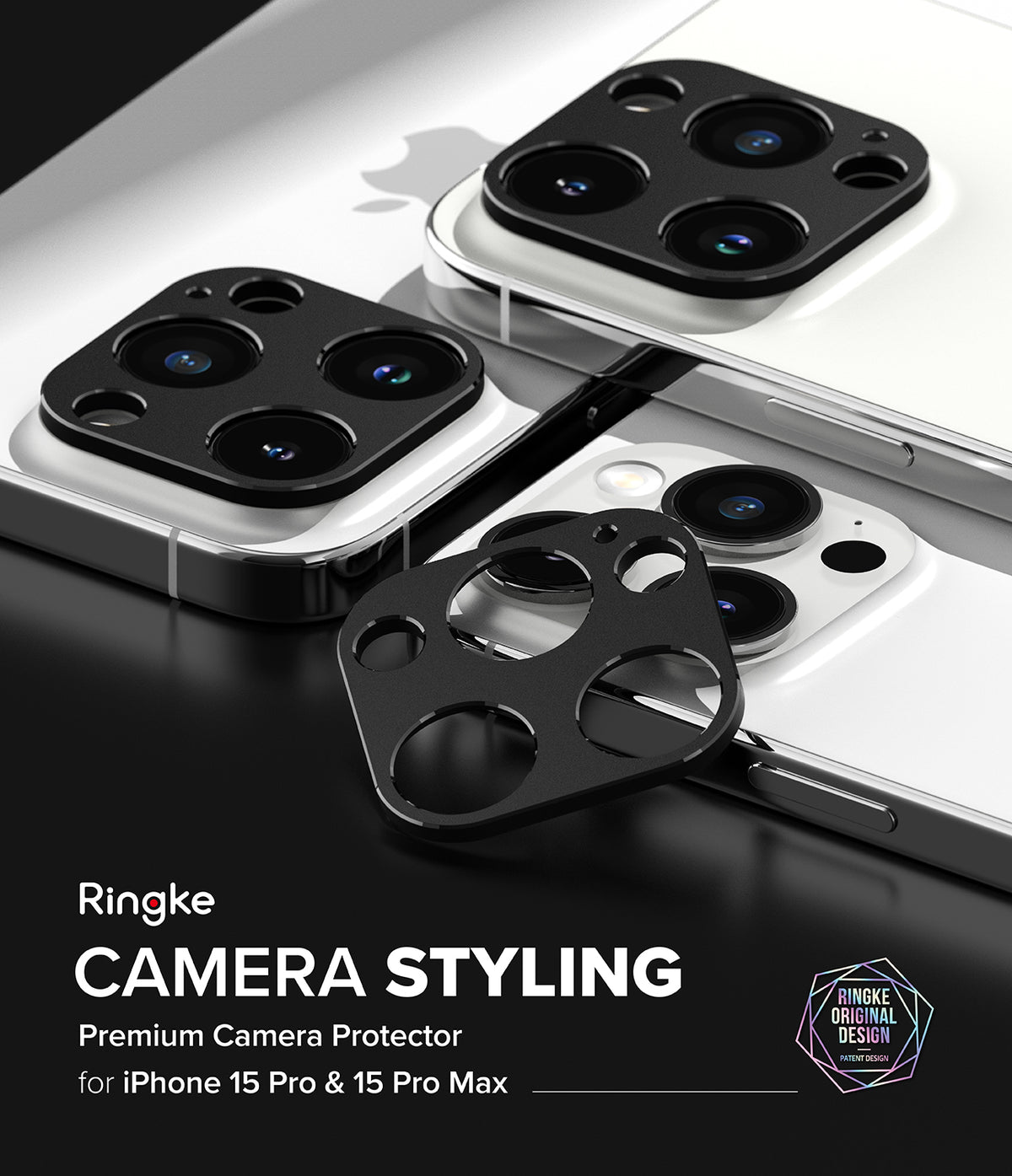 iPhone 15 Pro Max / 15 Pro | Camera Styling - Black camera lens protectors applied to white iPhone 15 Pro models.