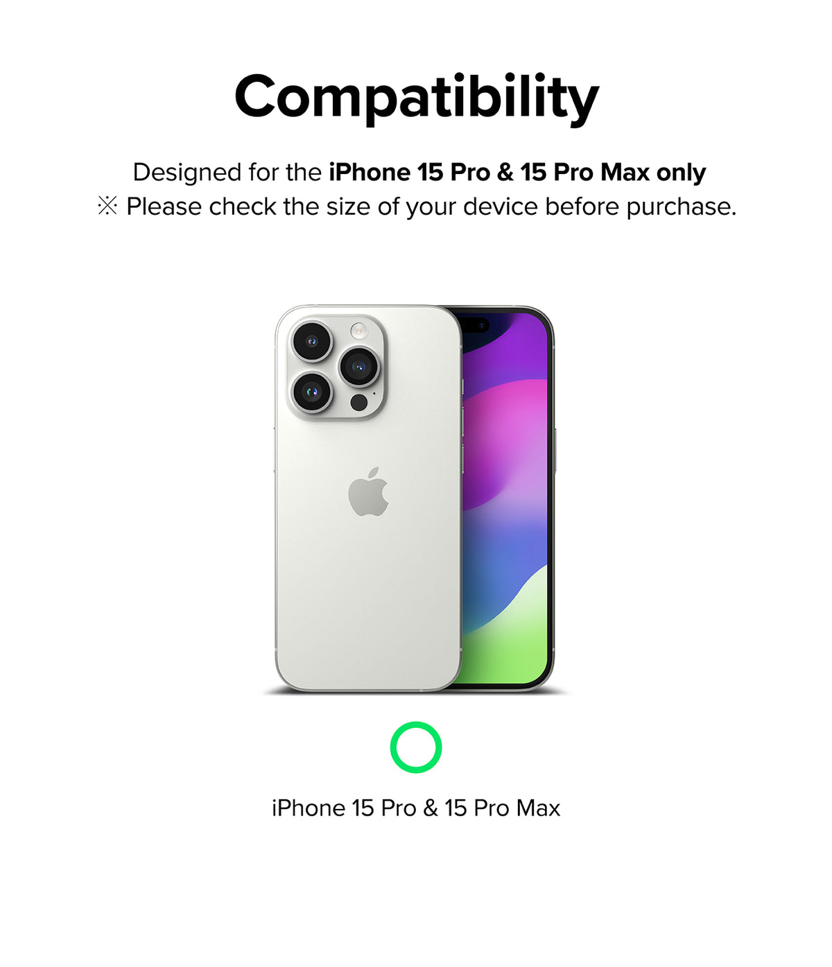 iPhone 15 Pro Max / 15 Pro | Camera Styling - Compatibility graphic showing a white iPhone 15 Pro with a green checkmark.