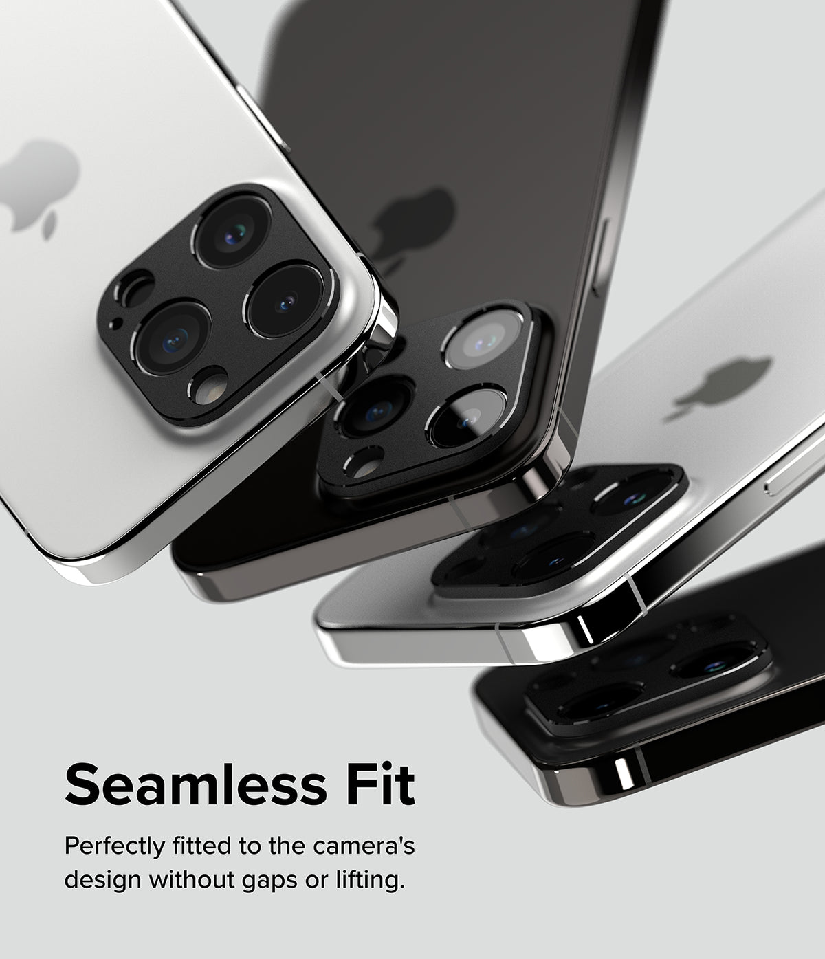 iPhone 15 Pro Max / 15 Pro | Camera Styling - Multiple iPhones floating with black camera lens protectors applied.